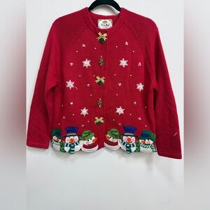 Tiara Vintage Red Snowman Cardigan, Christmas Woman's large petite. EUC.